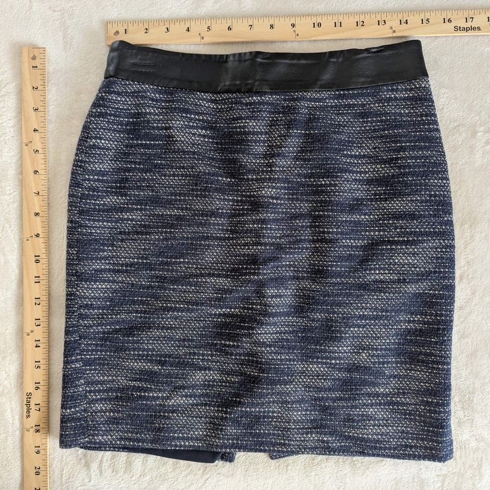 Ann Taylor Pencil Skirt Navy Tweed Faux Leather Trim 6P Polished Preppy